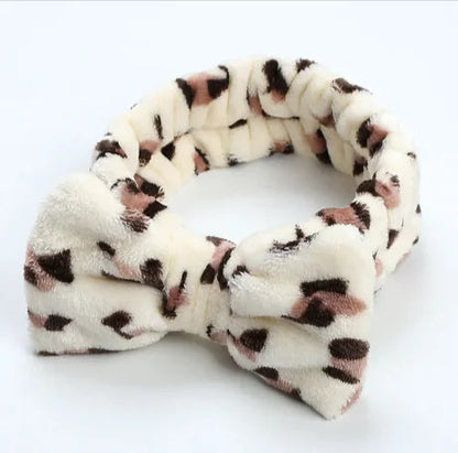 Leopard Print Coral Fleece Workout Hair Band with Bow WEM Support (www.WEM.support)
