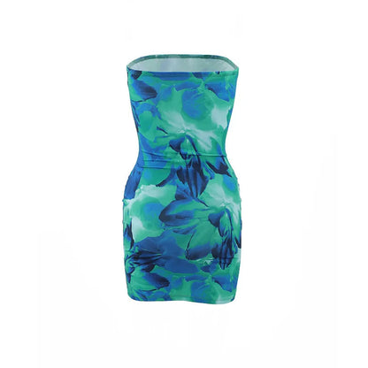 Tube Top Flower Print Slim Sheath Short Dress WEM Support (www.WEM.support)