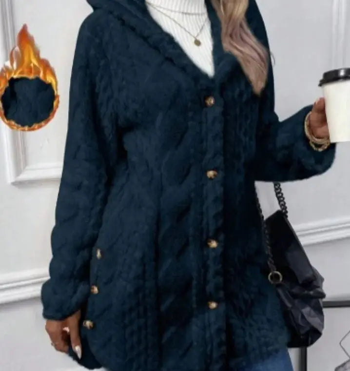 Hooded Cardigan Button Long Jacket Winter Solid Color Long Sleeve Coat WEM Support (www.WEM.support)