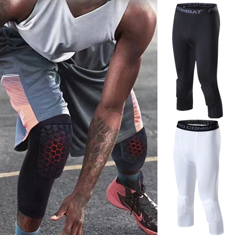 Men's Basketball Sports Tight Pants 3/4 Compression Workout Leggings Knee Pads WEM Support (www.WEM.support)