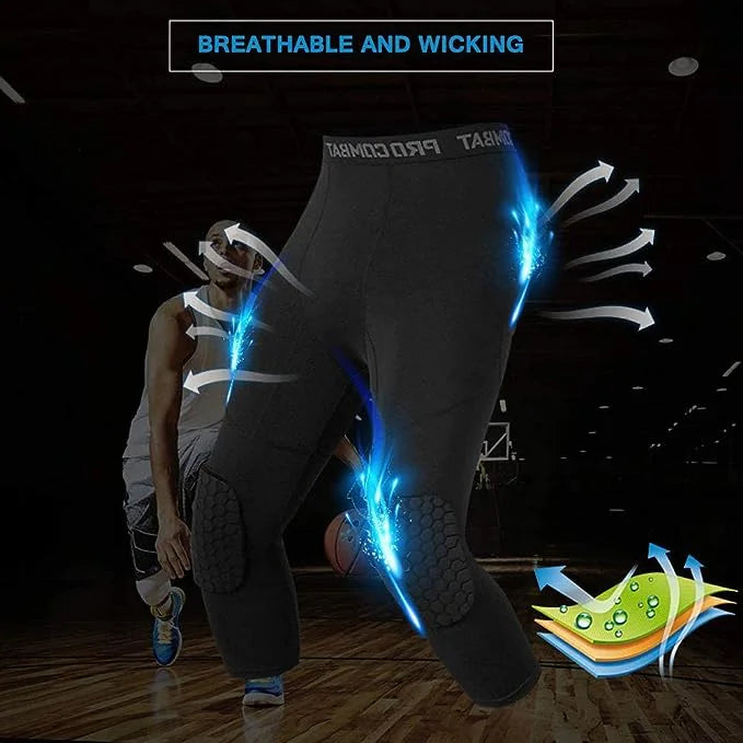 Men's Basketball Sports Tight Pants 3/4 Compression Workout Leggings Knee Pads WEM Support (www.WEM.support)