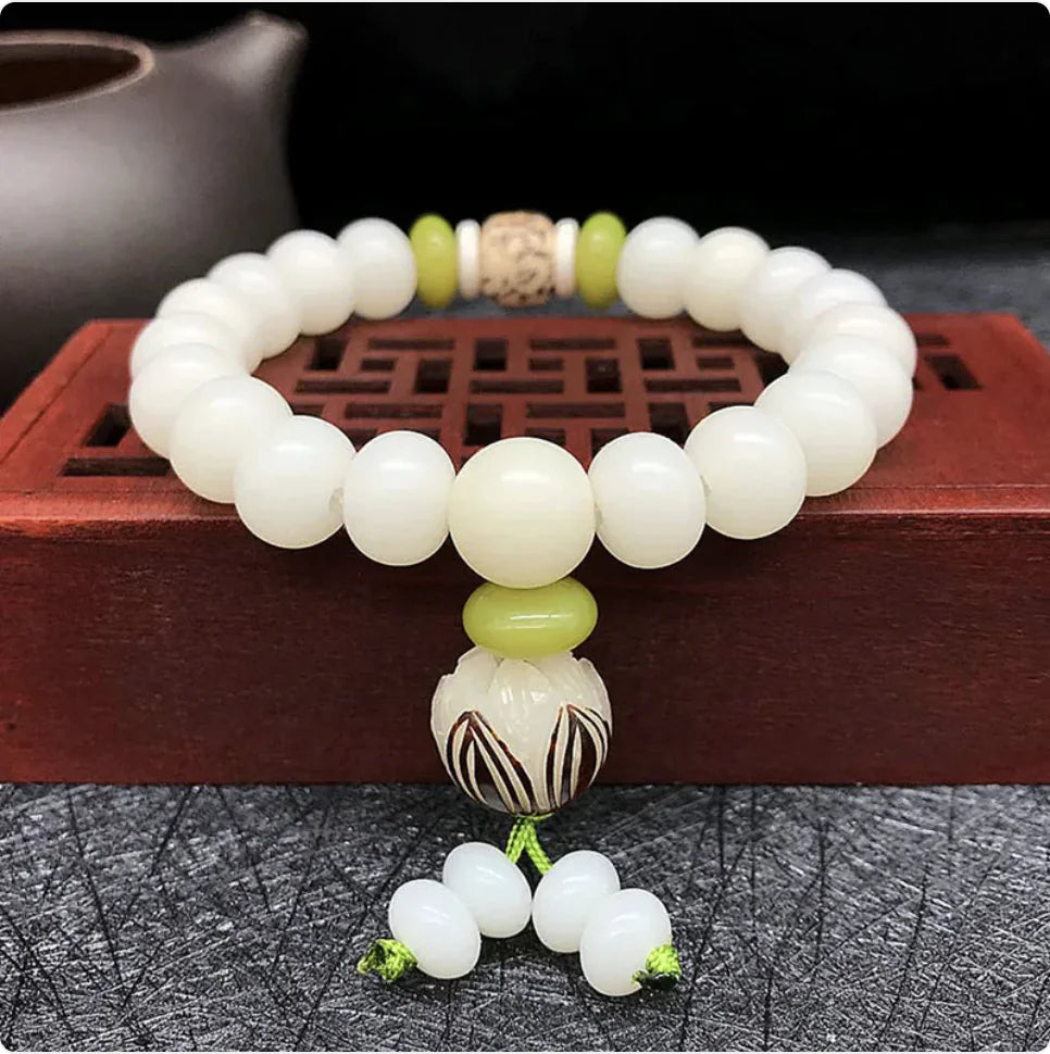 White Jade Bodhi Root 108 Bead Bracelet WEM Support (www.WEM.support)