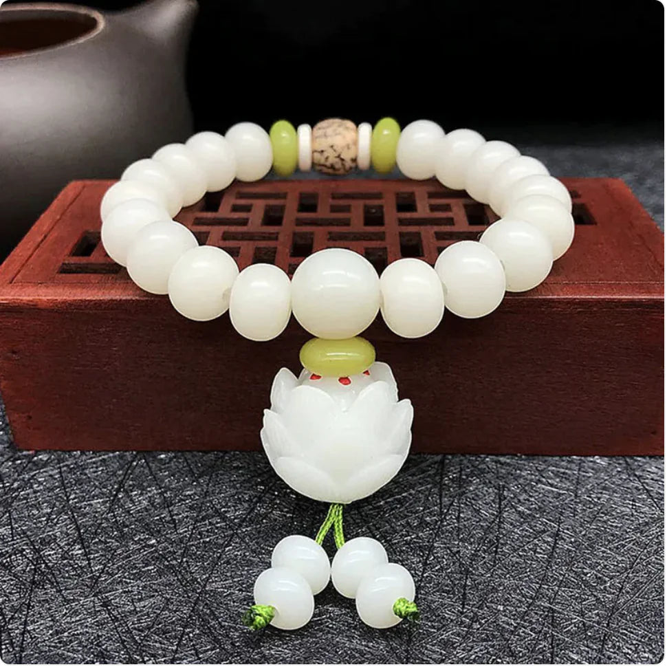 White Jade Bodhi Root 108 Bead Bracelet WEM Support (www.WEM.support)