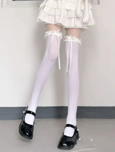 Women's White Silk Knee-High Thin Velvet Stockings WEM Support (www.WEM.support)