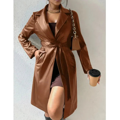 Women's Slim Fit PU Leather Trench Coat with Lapel Collar and Pockets WEM Support (www.WEM.support)