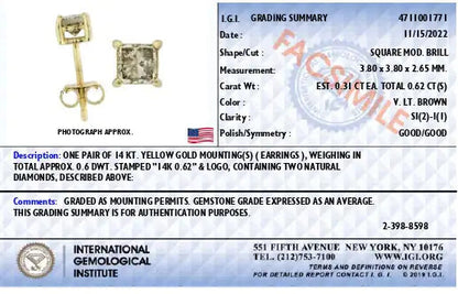 14K Yellow Gold 5/8 Cttw Princess Natural Brown Color Diamond 4-Prong Stud Earrings (Brown Color, SI2-I1 Clarity) WEM Support (www.WEM.support)