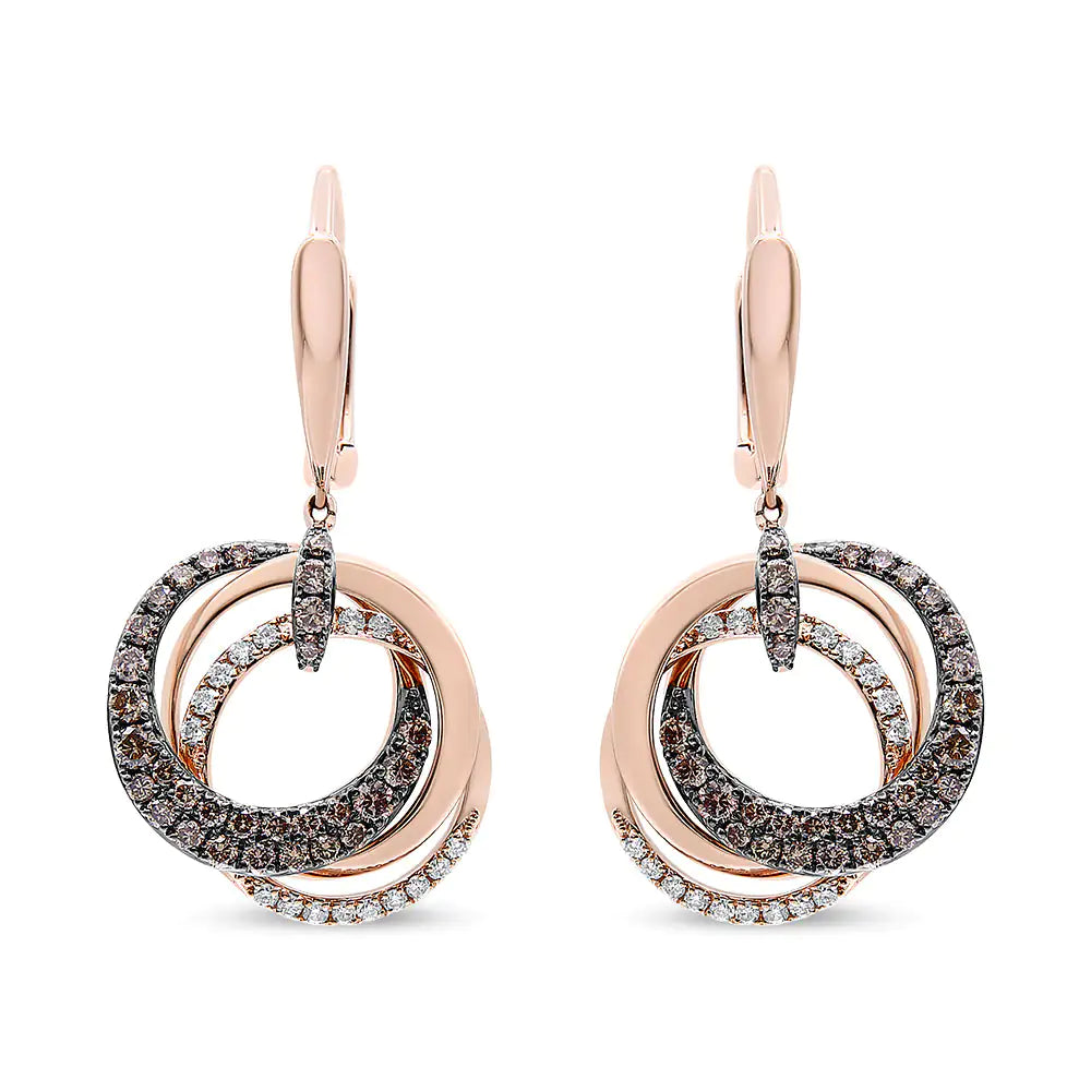 14K Rose Gold 1.00 Cttw White and Brown Diamond Intertwining Hoops and Circle Dangle Earrings (H-I/Brown Color, SI1-SI2 Clarity) WEM Support (www.WEM.support)