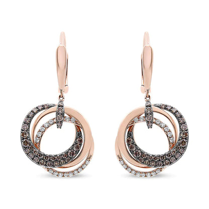 14K Rose Gold 1.00 Cttw White and Brown Diamond Intertwining Hoops and Circle Dangle Earrings (H-I/Brown Color, SI1-SI2 Clarity) WEM Support (www.WEM.support)