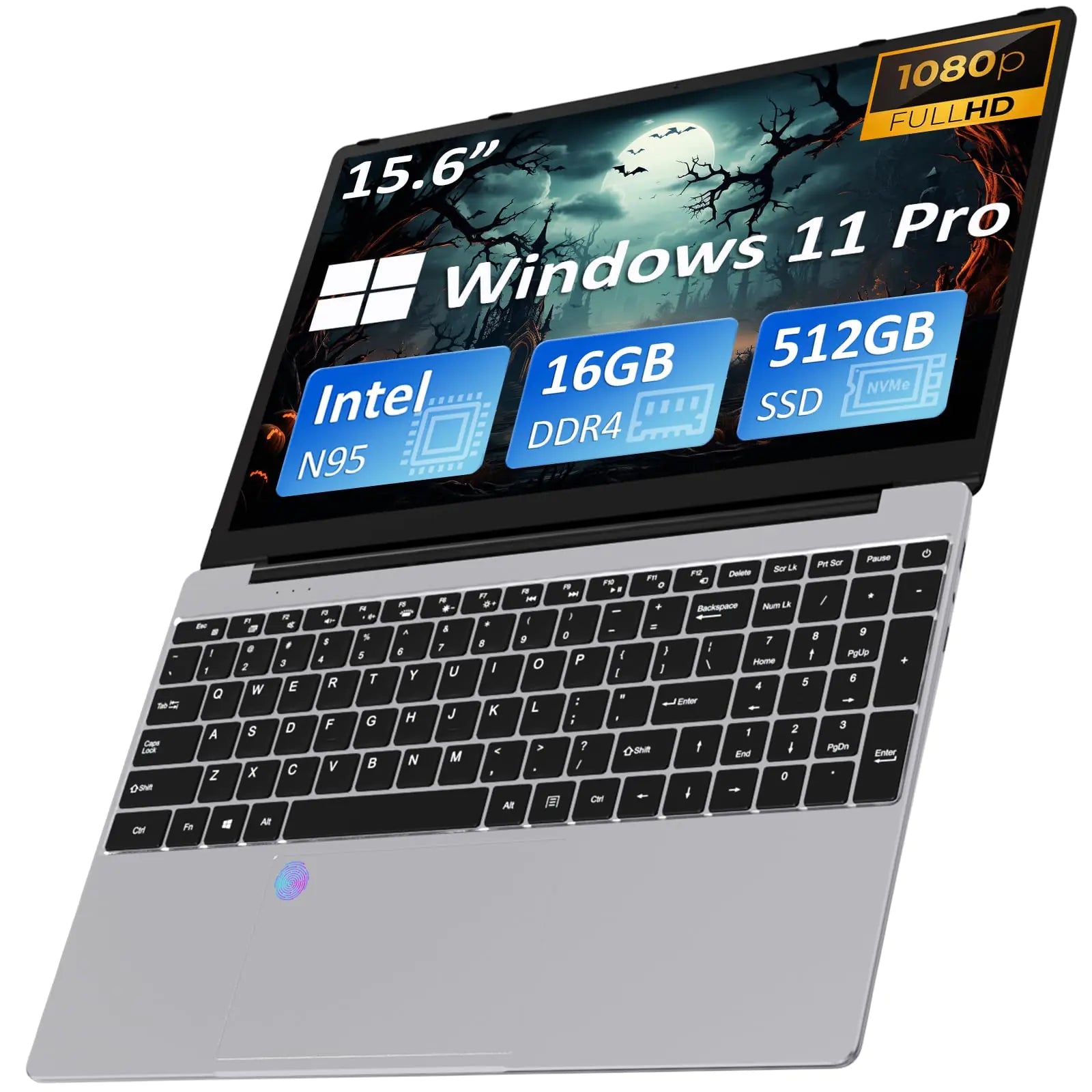 Windows Laptop Computer 16GB DDR4 RAM 512GB M.2 PCIe NVMe SSD 2 - 3.4 GHz Intel N95 Processor 15.6" FHD IPS LCD Screen Backlight Keyboard Fingerprint Reader Mini HDMI USB - A x2 Windows 11 Pro - Catch Cards