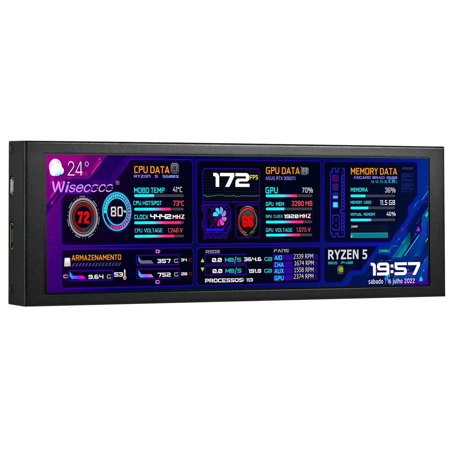 wisecoco 7.84 Inch Mini Monitor HD IPS 1280x400 Secondary Screen Stretched Bar LCD Display with Casing for Laptop Computer Speed Temperature Windows Aida64 CPU GPU Monitoring - Catch Cards