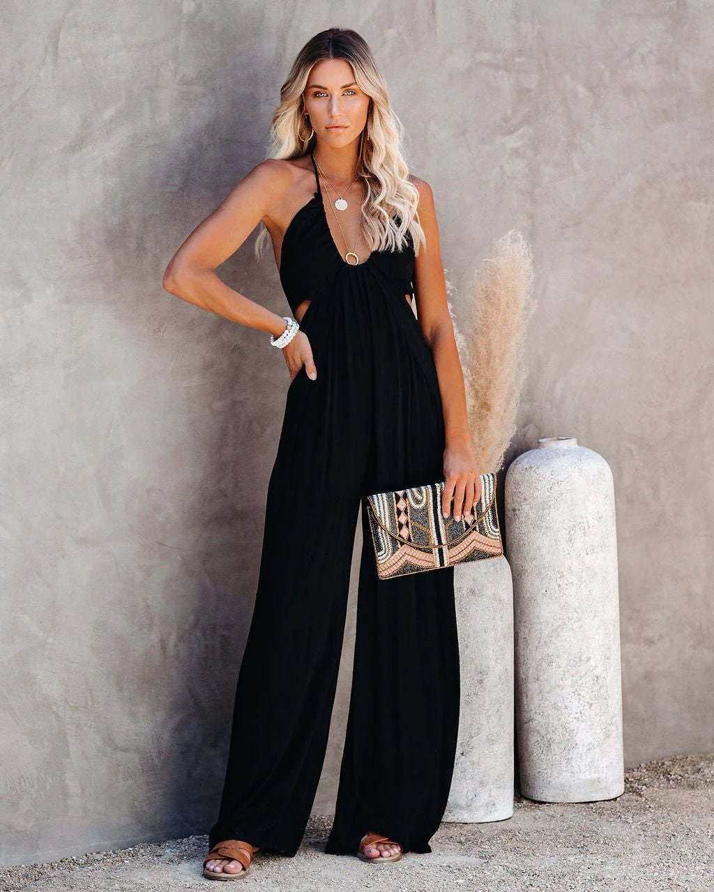 Women's U - Neck Backless Wide - Leg Jumpsuit - Catch Cards