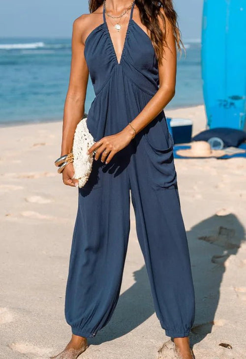 Women's U - Neck Backless Wide - Leg Jumpsuit - Catch Cards