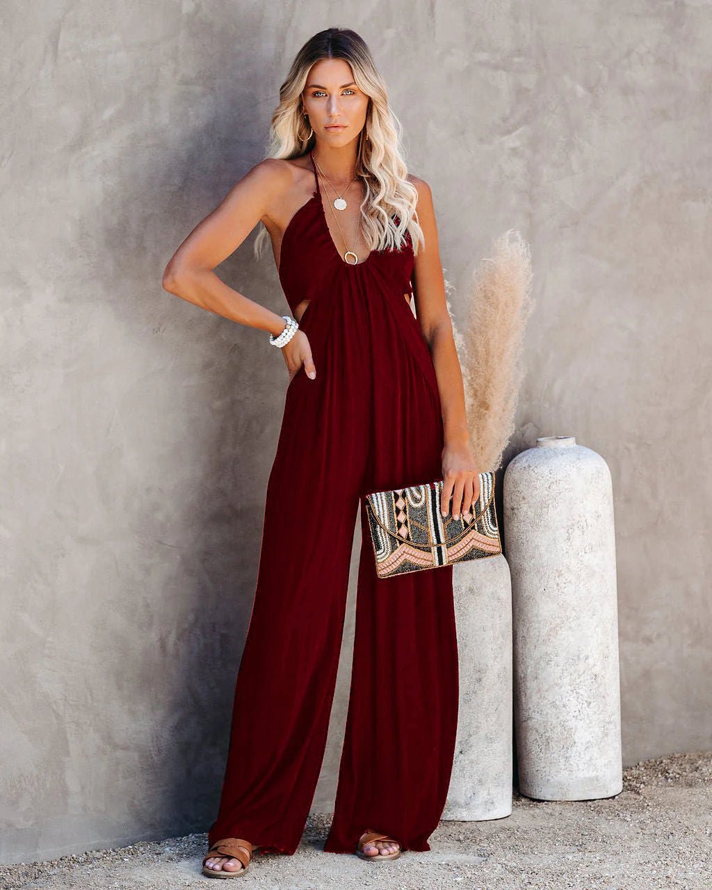 Women's U - Neck Backless Wide - Leg Jumpsuit - Catch Cards
