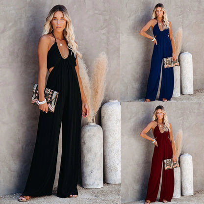 Women's U - Neck Backless Wide - Leg Jumpsuit - Catch Cards