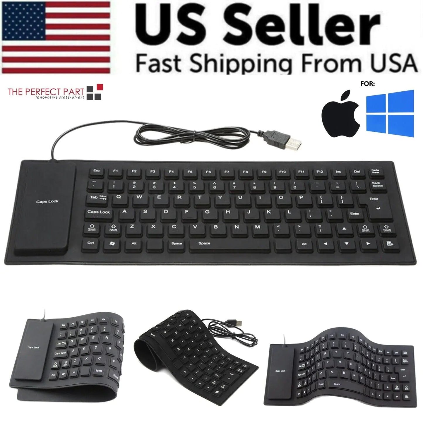 Waterproof Silicone Keyboard Foldable Flexible USB Dustproof DirtProof Full Size WEM Support (www.WEM.support)