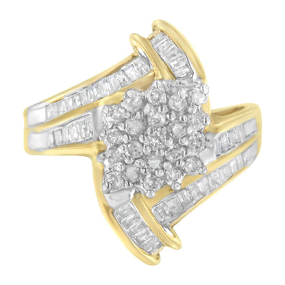 10K Yellow Gold Round and Baguette-Cut Diamond Bypass Cluster Ring (1.0 Cttw, I-J Color, I1-I2 Clarity) WEM Support (www.WEM.support)