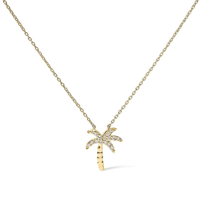 10K Yellow Gold 1/10 Cttw Round Diamond Palm Tree 18" Inch Pendant Necklace (H-I Color, I1-I2 Clarity) WEM Support (www.WEM.support)