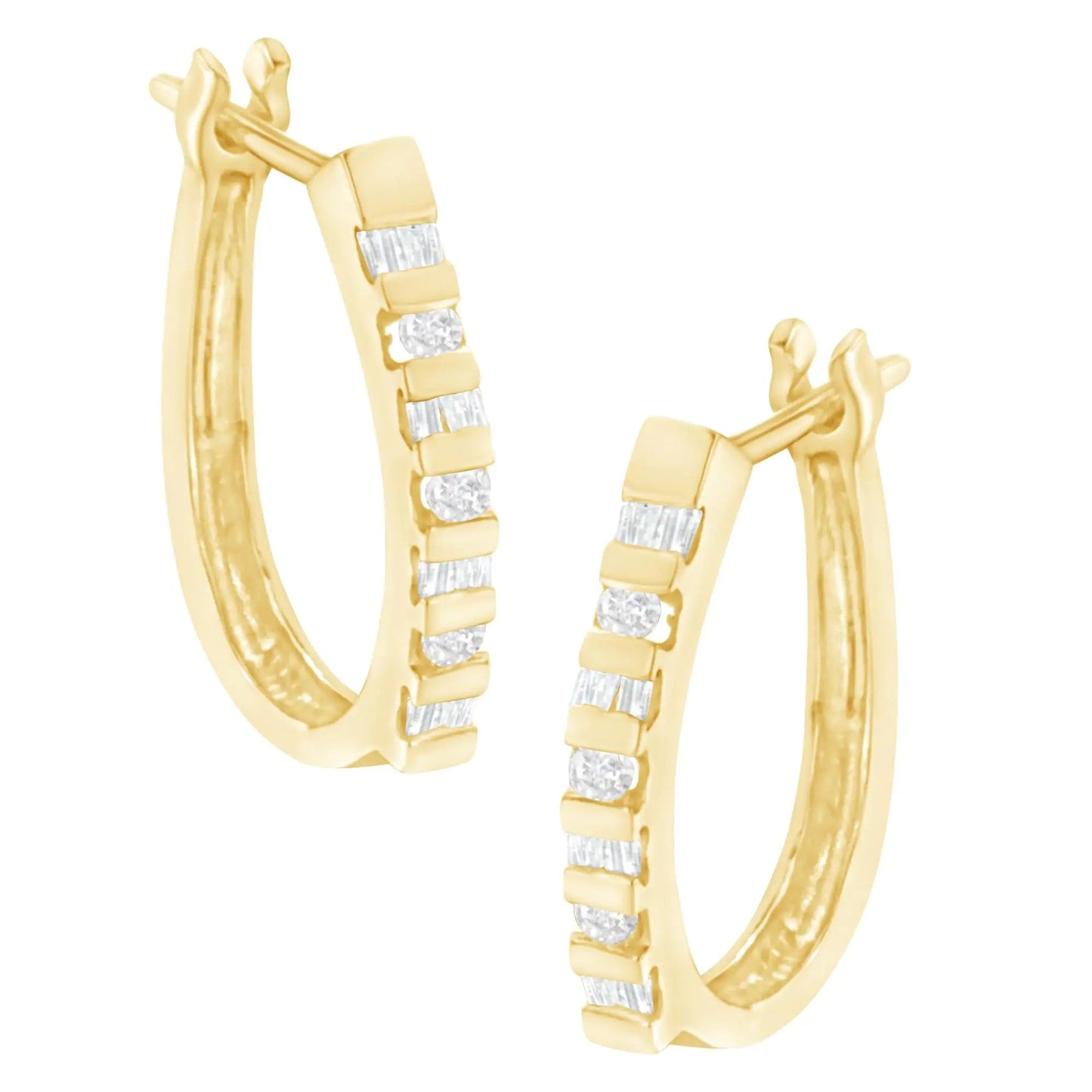 10K Yellow Gold Round and Baguette Cut Diamond Oblong Hinged Leverback Hoop Earrings (¼ Cttw, I-J Color, I2-I3 Clarity) WEM Support (www.WEM.support)