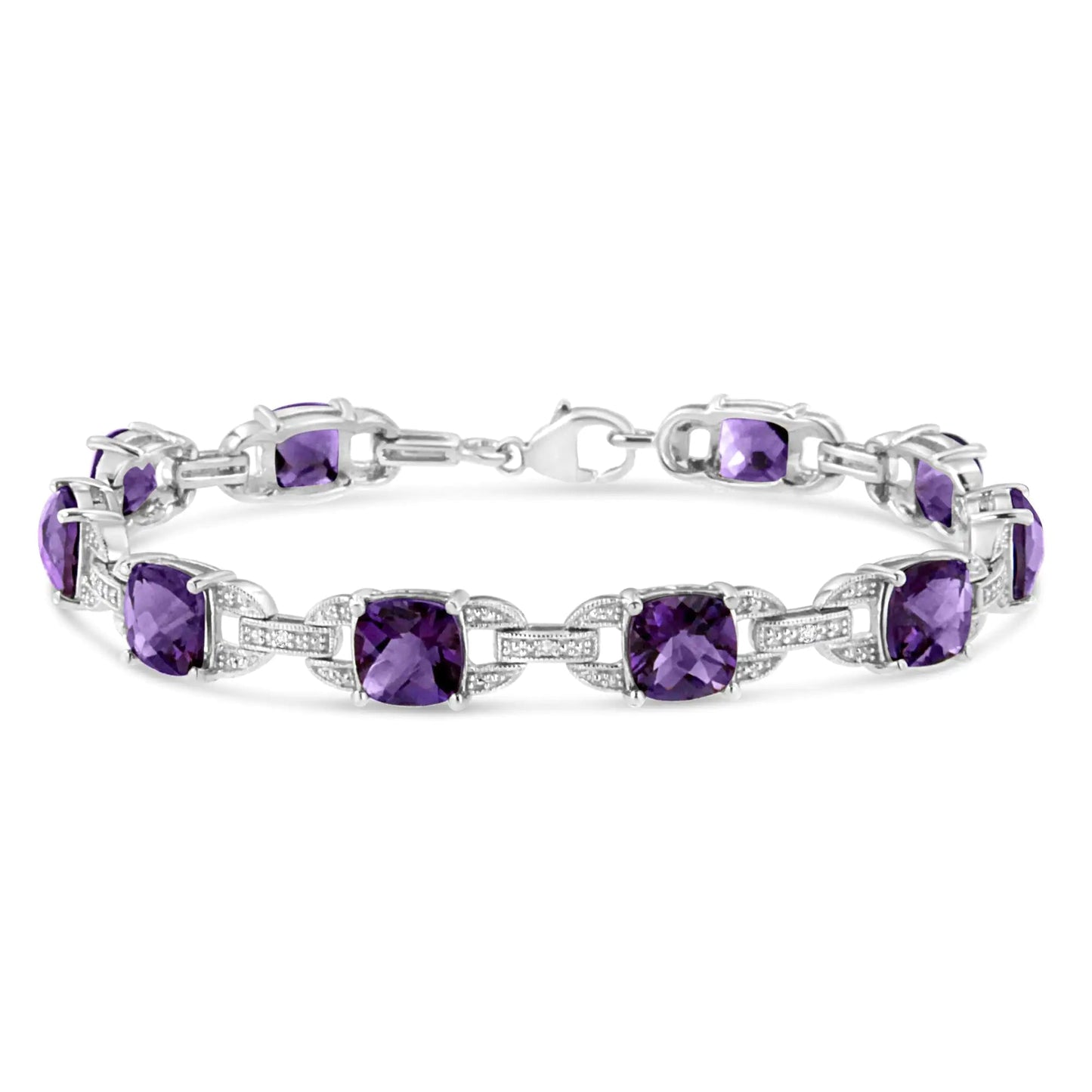 .925 Sterling Silver 7mm Cushion Cut Amethyst Gemstone and Diamond Tennis Link Bracelet (I-J Color, I1-I2 Clarity) - Size 7" WEM Support (www.WEM.support)