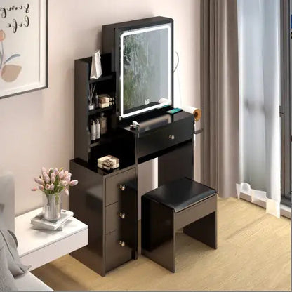 Small Space Left Bedside Cabinet Vanity Table Cushioned Stool, Power Station, Hair Dryer Bracket WEM Support (www.WEM.support)