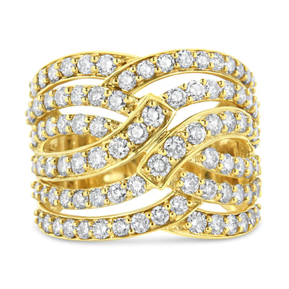 10K Yellow Gold 3.00 Cttw Diamond Multi Row Bypass Wave Cocktail Band Ring (J-K Color, I1-I2 Clarity) WEM Support (www.WEM.support)