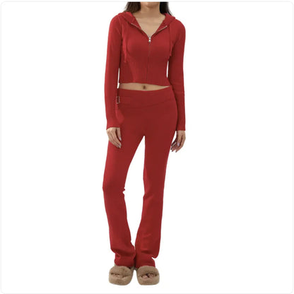 Women’s 2-Piece Knitted Hooded Set - Long-Sleeve Cardigan & High-Waist Trousers WEM Support (www.WEM.support)