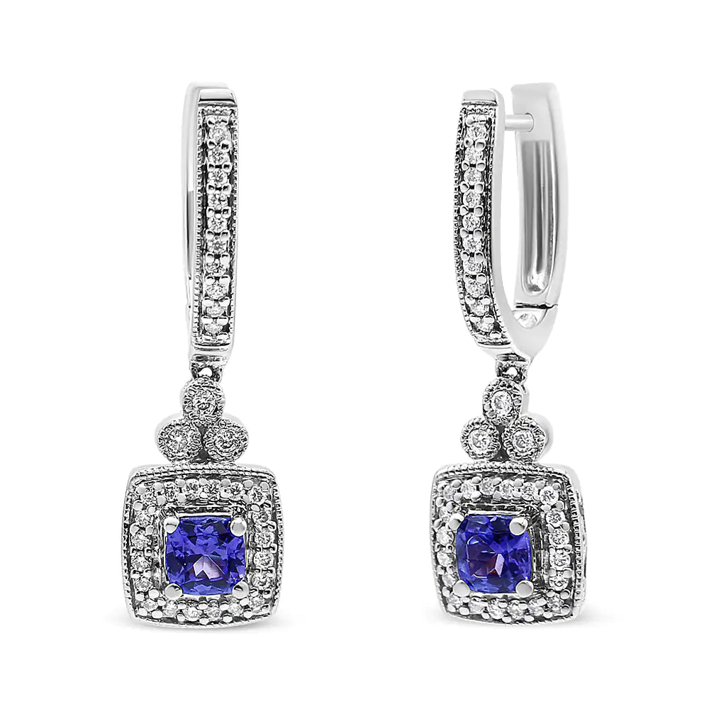 14K White Gold 4x4 mm Cushion Shaped Blue Tanzanite and 1/3 Cttw Diamond Halo 1" Inch Drop and Dangle Earrings (J-K Color, SI2-I1 Clarity) WEM Support (www.WEM.support)