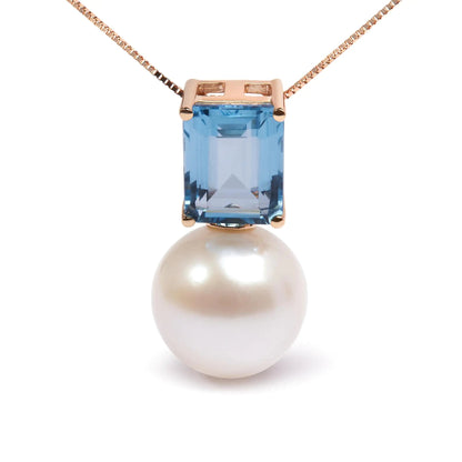 14K Rose Gold 11MM Cultured Freshwater Pearl and 9x7mm Octagon Swiss Blue Topaz Pendant Necklace - 18" Inches WEM Support (www.WEM.support)