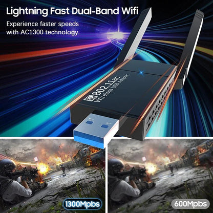 USB 3.0 Wireless WIFI Adapter 1300Mbps Long Range Dongle Dual Band 5Ghz Network WEM Support (www.WEM.support)