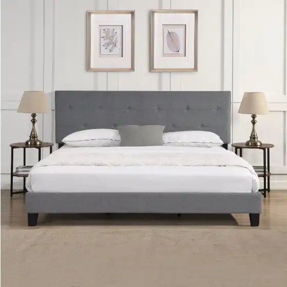 The Bed Frame With An Oversized Fabric Platform Is Easy To Assemble And Is Grey WEM Support (www.WEM.support)