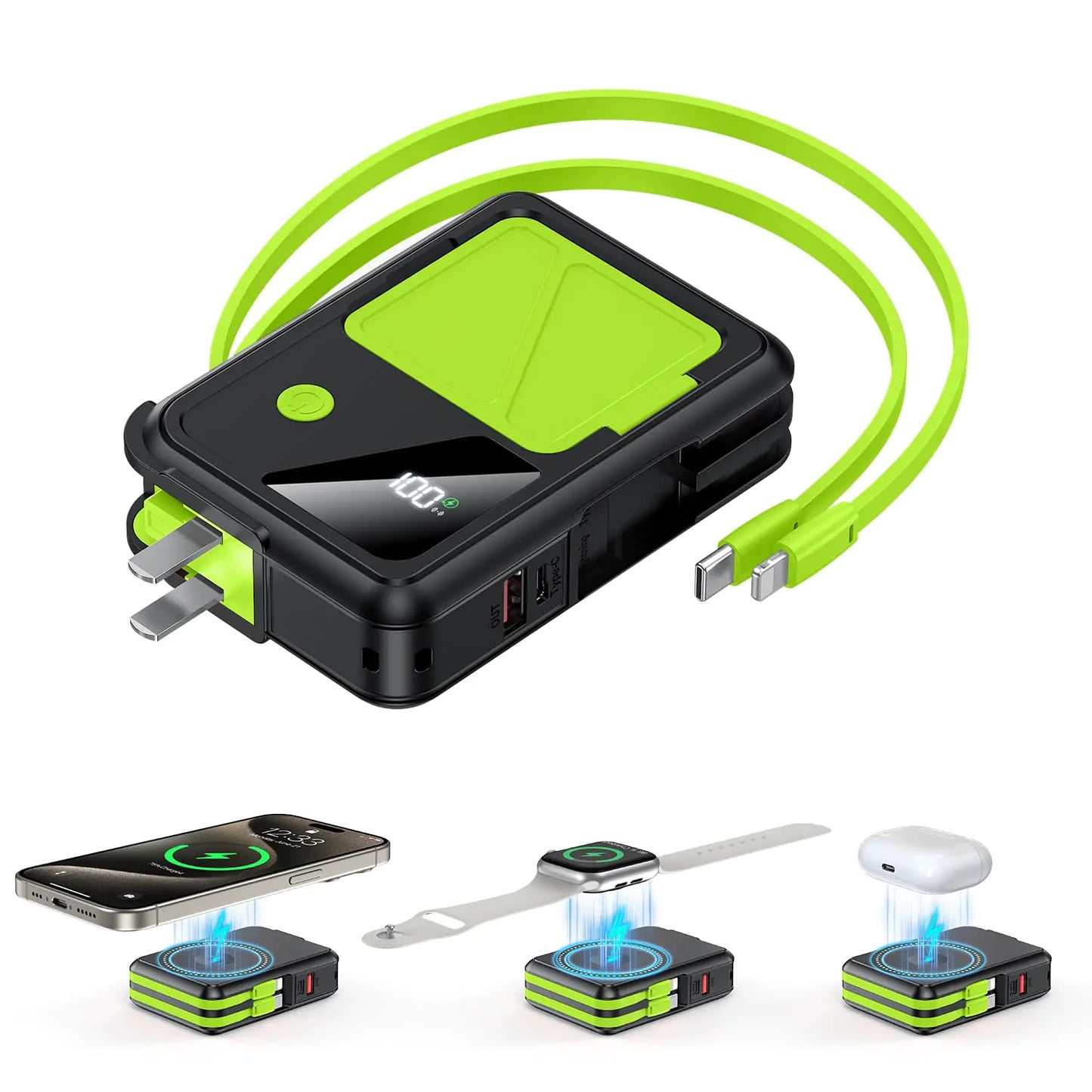 Wireless Portable Charger,3-in-1 Magnetic Power Bank 10000mAh Built in Cables and AC Plug,22.5W Fast Charging Mag-Safe Battery Pack,Compatible with iPhone 15/14/13/12,Apple Watch Series,Airpods - HejK.com Marketplace LLC