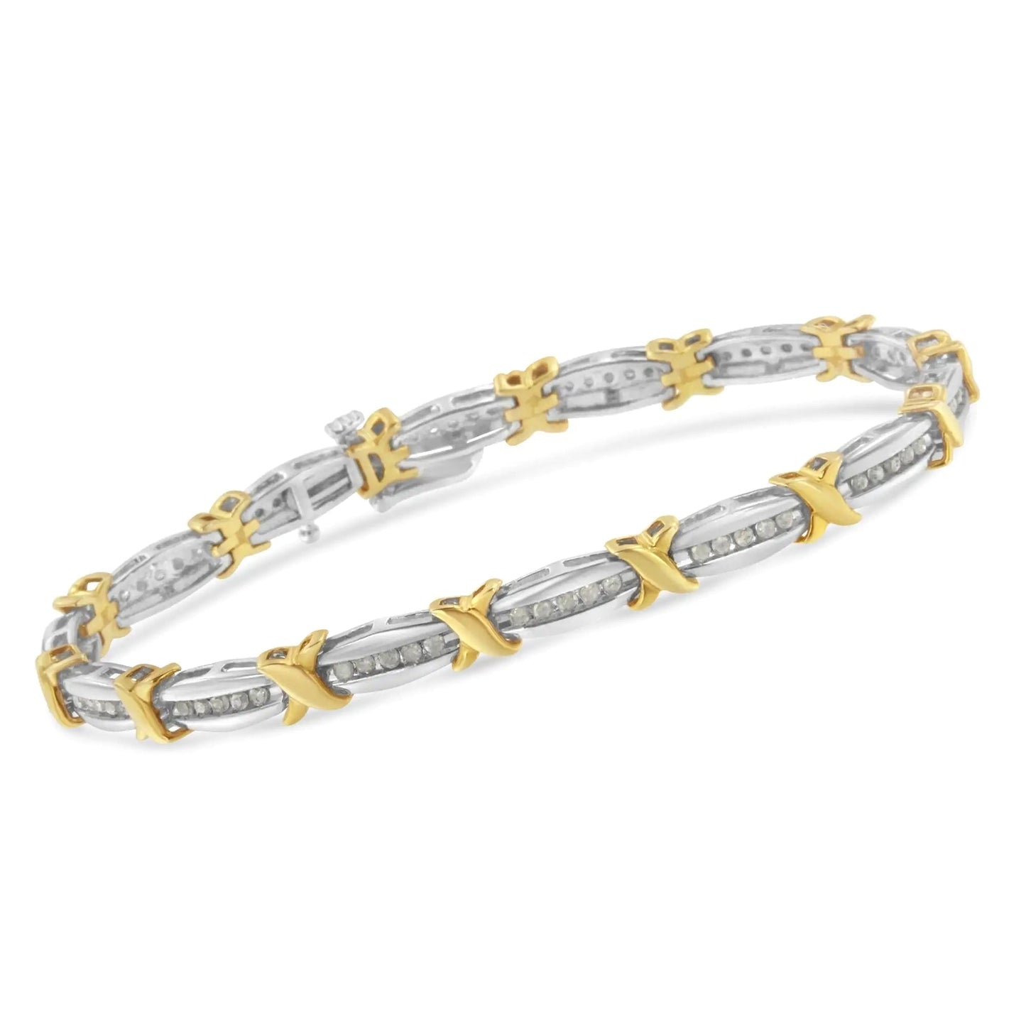 Two-Tone 10K Yellow Gold over .925 Sterling Silver 1.0 Cttw Diamond Channel Set Tapered & X-Link 7" Tennis Bracelet (H-I Color, I2-I3 Clarity) WEM Support (www.WEM.support)