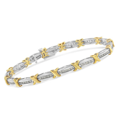 Two-Tone 10K Yellow Gold over .925 Sterling Silver 1.0 Cttw Diamond Channel Set Tapered & X-Link 7" Tennis Bracelet (H-I Color, I2-I3 Clarity) WEM Support (www.WEM.support)