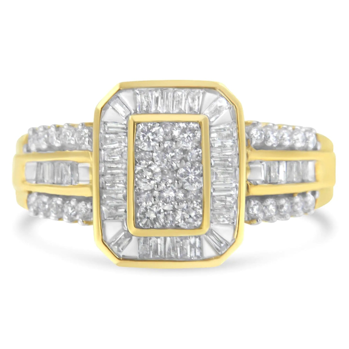 10K Yellow Gold Round and Baguette-Cut Diamond Cocktail Ring (1.0 Cttw, H-I Color, SI2-I1 Clarity) WEM Support (www.WEM.support)