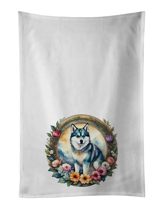 Alaskan Klee Kai and Flowers Kitchen Towel Set of 2 WEM Support (www.WEM.support)