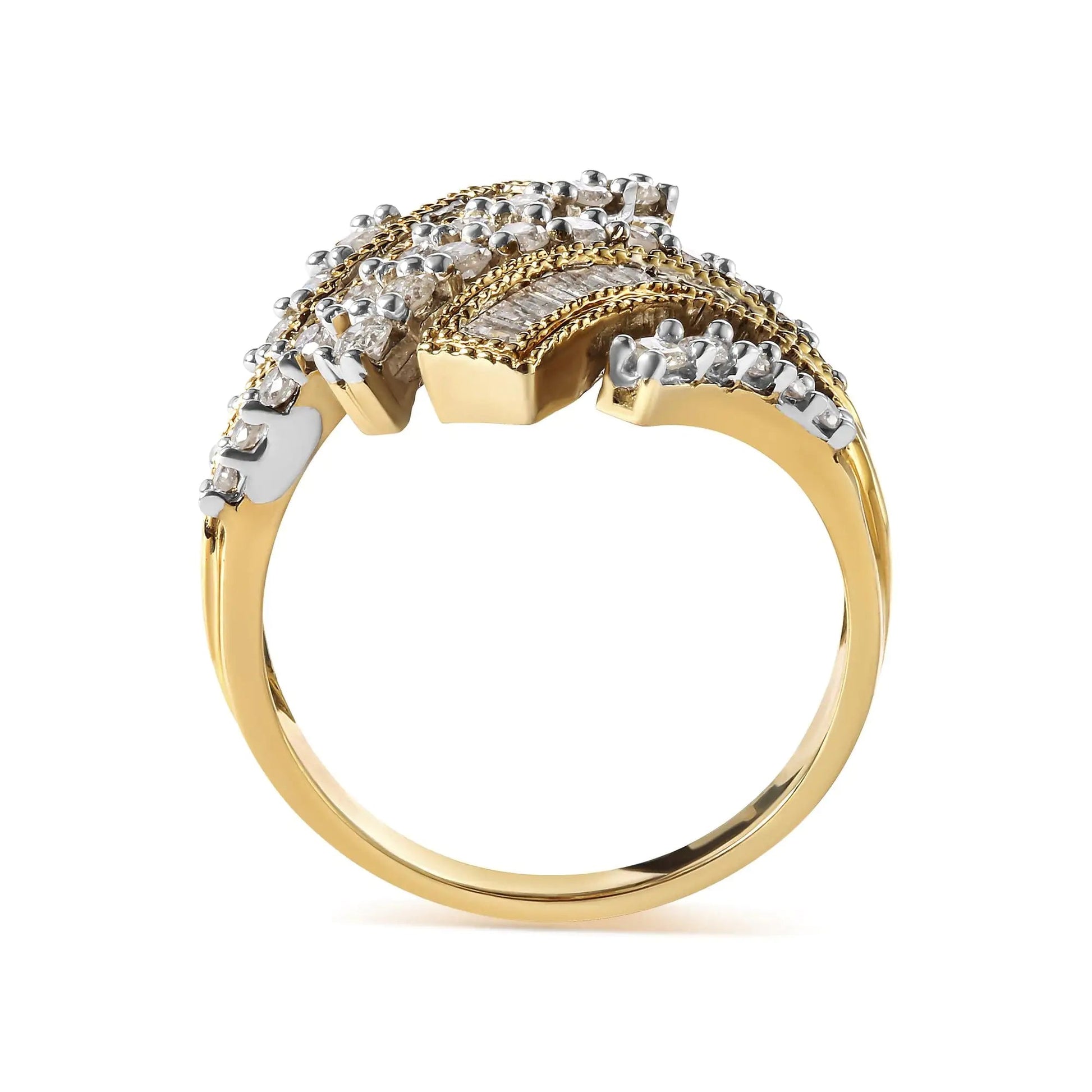 10K Yellow Gold 1.0 Cttw Round and Baguette Diamond Woven Bypass Ring (H-I,I1-I2) WEM Support (www.WEM.support)