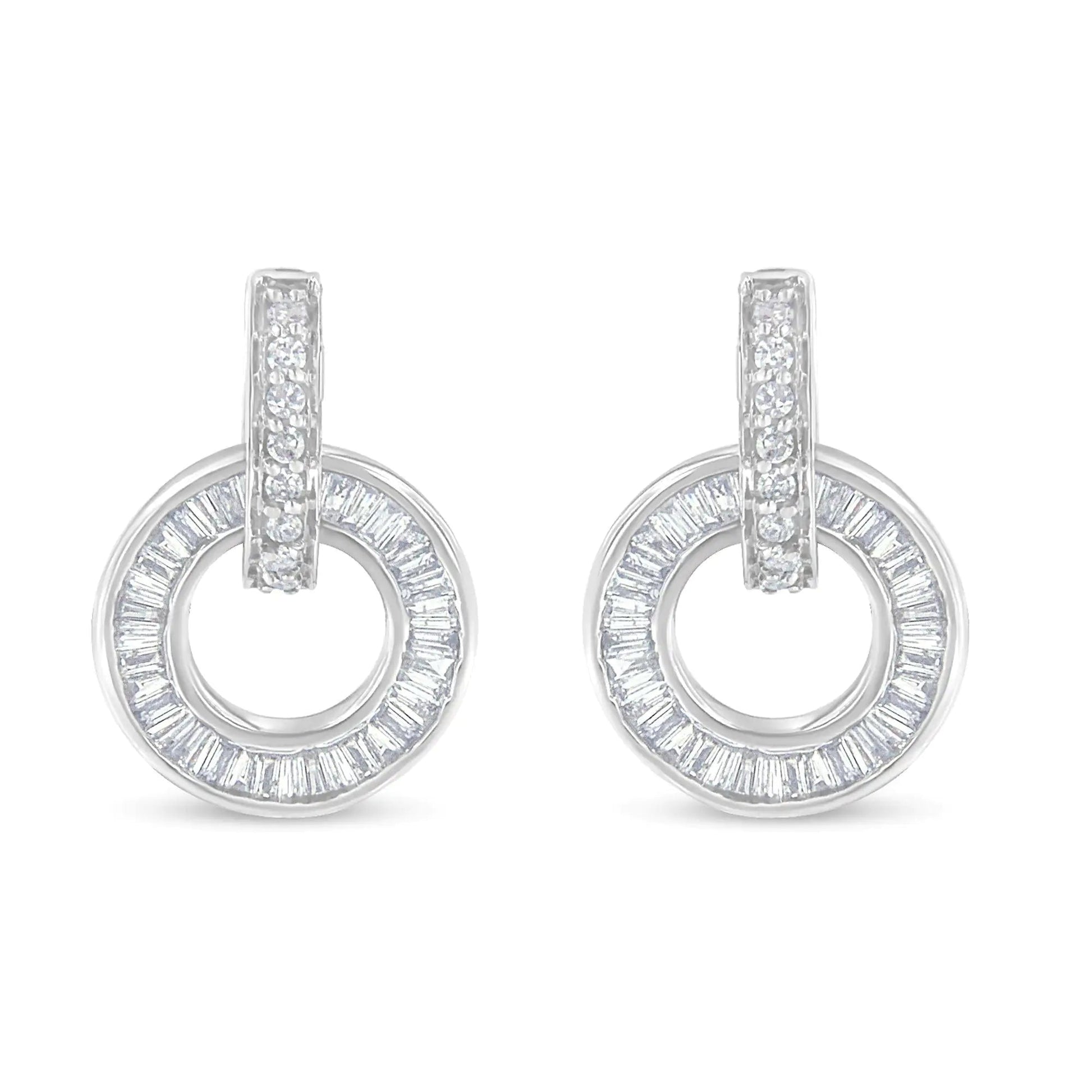 14k White Gold Round and Baguette Cut Diamond Earrings (1 cttw, G-H Color, SI1-SI2 Clarity) WEM Support (www.WEM.support)