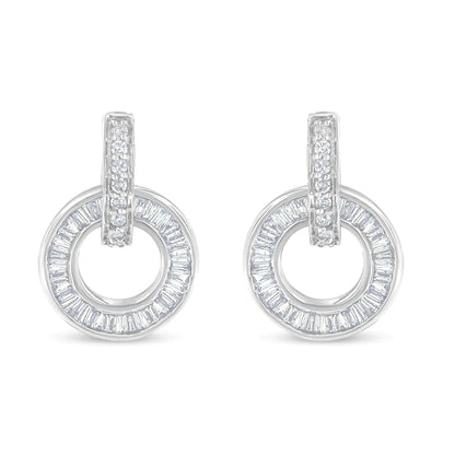 14k White Gold Round and Baguette Cut Diamond Earrings (1 cttw, G-H Color, SI1-SI2 Clarity) WEM Support (www.WEM.support)