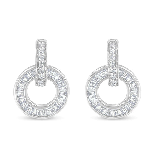 14k White Gold Round and Baguette Cut Diamond Earrings (1 cttw, G-H Color, SI1-SI2 Clarity) WEM Support (www.WEM.support)