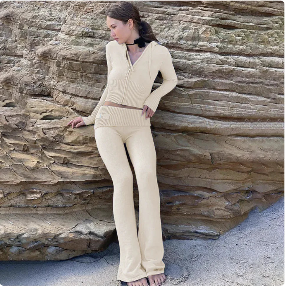 Women’s 2-Piece Knitted Hooded Set - Long-Sleeve Cardigan & High-Waist Trousers WEM Support (www.WEM.support)
