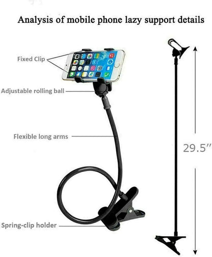Universal Lazy Mobile Phone Gooseneck Stand Holder Flexible Bed Desk Table Clip WEM Support (www.WEM.support)
