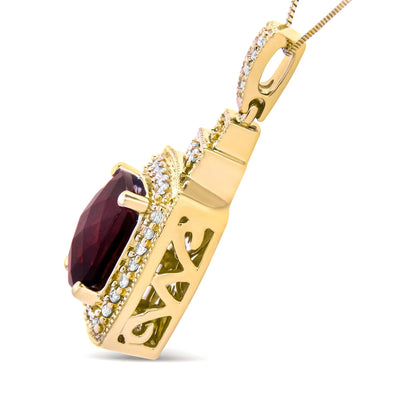 14K Yellow Gold 1/5 Cttw Round Diamond and 9x7mm Cushion Cut Red Garnet Halo 18" Pendant Necklace (H-I Color, VS1-VS2 Clarity) WEM Support (www.WEM.support)