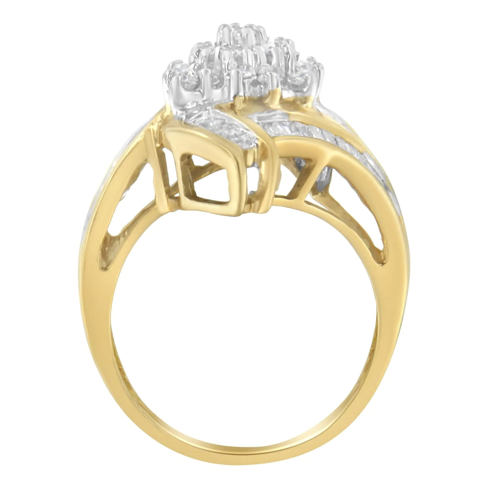 10K Yellow Gold Round and Baguette-Cut Diamond Bypass Cluster Ring (1.0 Cttw, I-J Color, I1-I2 Clarity) WEM Support (www.WEM.support)