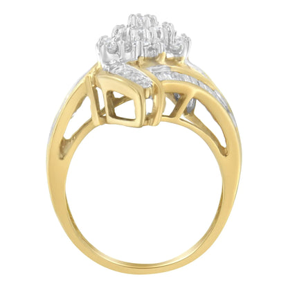 10K Yellow Gold Round and Baguette-Cut Diamond Bypass Cluster Ring (1.0 Cttw, I-J Color, I1-I2 Clarity) WEM Support (www.WEM.support)