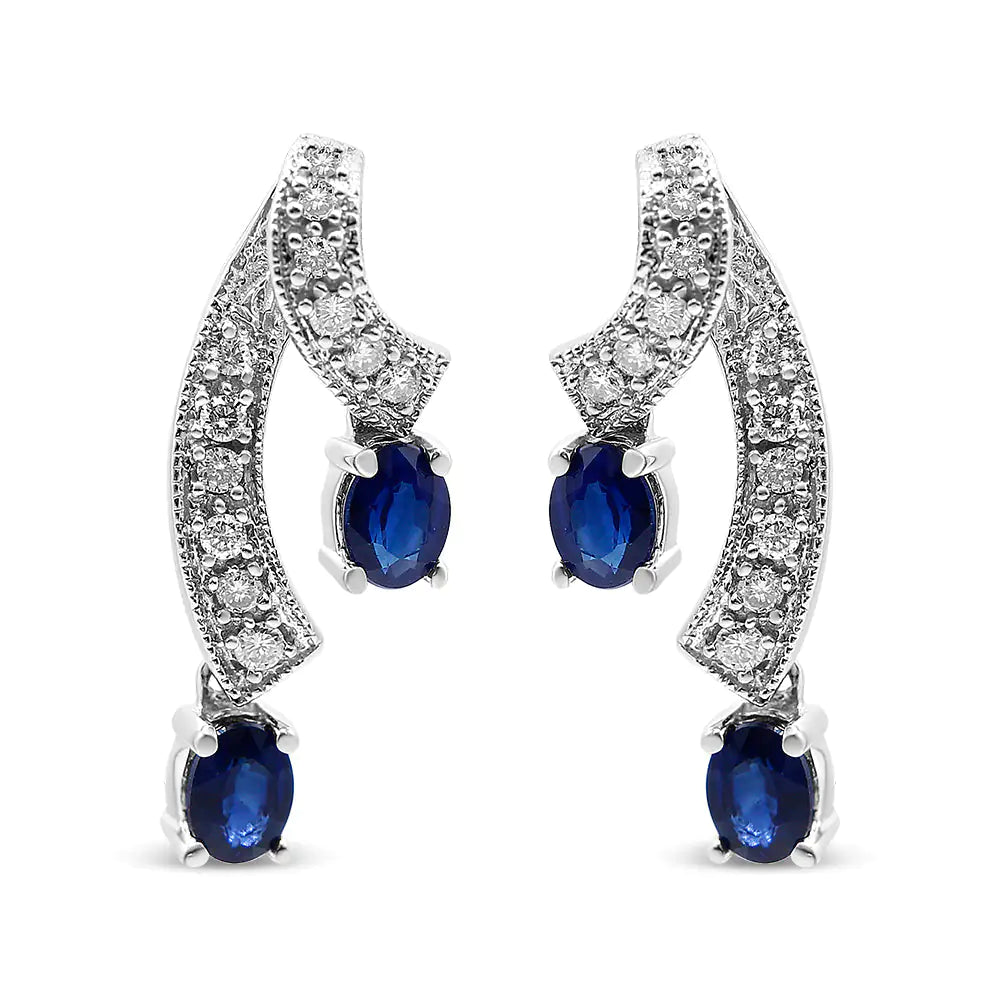 14K White Gold 4x3MM Oval Shaped Natural Blue Sapphire Gemstone and 1/5 Cttw Diamond Double 3/4" Inch Drop Stud Earrings (J-K Color, SI2-I1 Clarity) WEM Support (www.WEM.support)