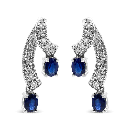 14K White Gold 4x3MM Oval Shaped Natural Blue Sapphire Gemstone and 1/5 Cttw Diamond Double 3/4" Inch Drop Stud Earrings (J-K Color, SI2-I1 Clarity) WEM Support (www.WEM.support)