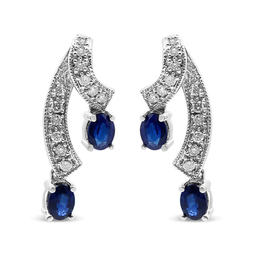 14K White Gold 4x3MM Oval Shaped Natural Blue Sapphire Gemstone and 1/5 Cttw Diamond Double 3/4" Inch Drop Stud Earrings (J-K Color, SI2-I1 Clarity) WEM Support (www.WEM.support)