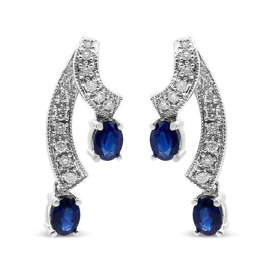 14K White Gold 4x3MM Oval Shaped Natural Blue Sapphire Gemstone and 1/5 Cttw Diamond Double 3/4" Inch Drop Stud Earrings (J-K Color, SI2-I1 Clarity) WEM Support (www.WEM.support)