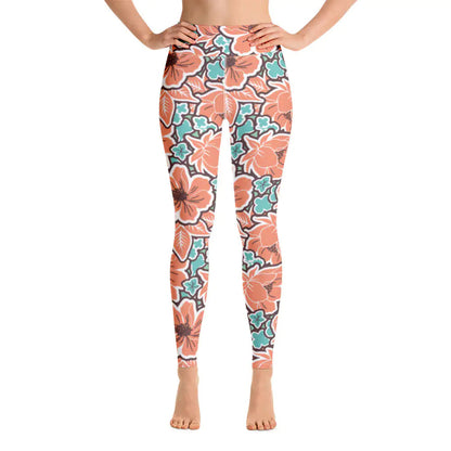 Women's Tropical Red Floral Yoga Leggings WEM Support (www.WEM.support)