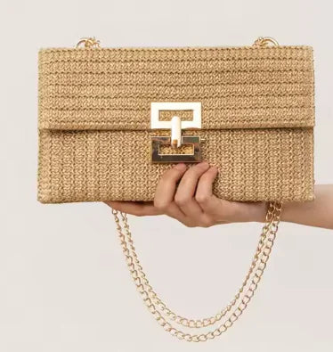 Women's Chain Flap Screw Lock Straw Bag WEM Support (www.WEM.support)